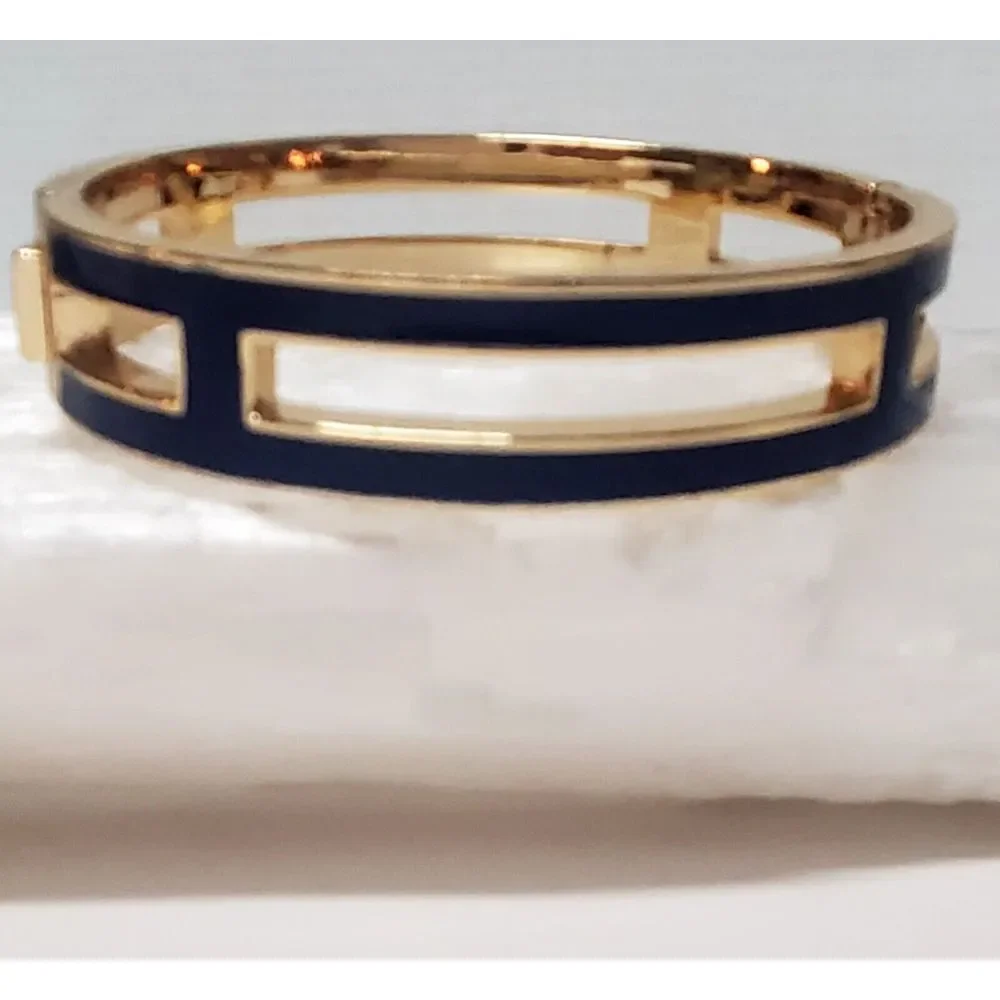 J. Crew Bracelet Hinged with Lock Navy Blue Enamel Gold Pierced Panels Bordered - Picture 2 of 12